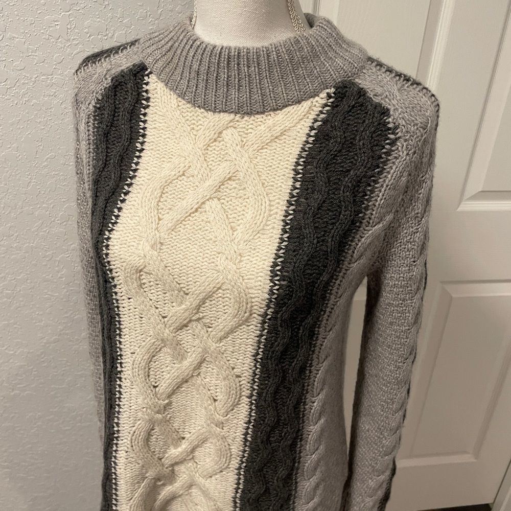 Aqua Cable Knit Cashmere Grey White Fisherman Cozy Comfy Sweater XS